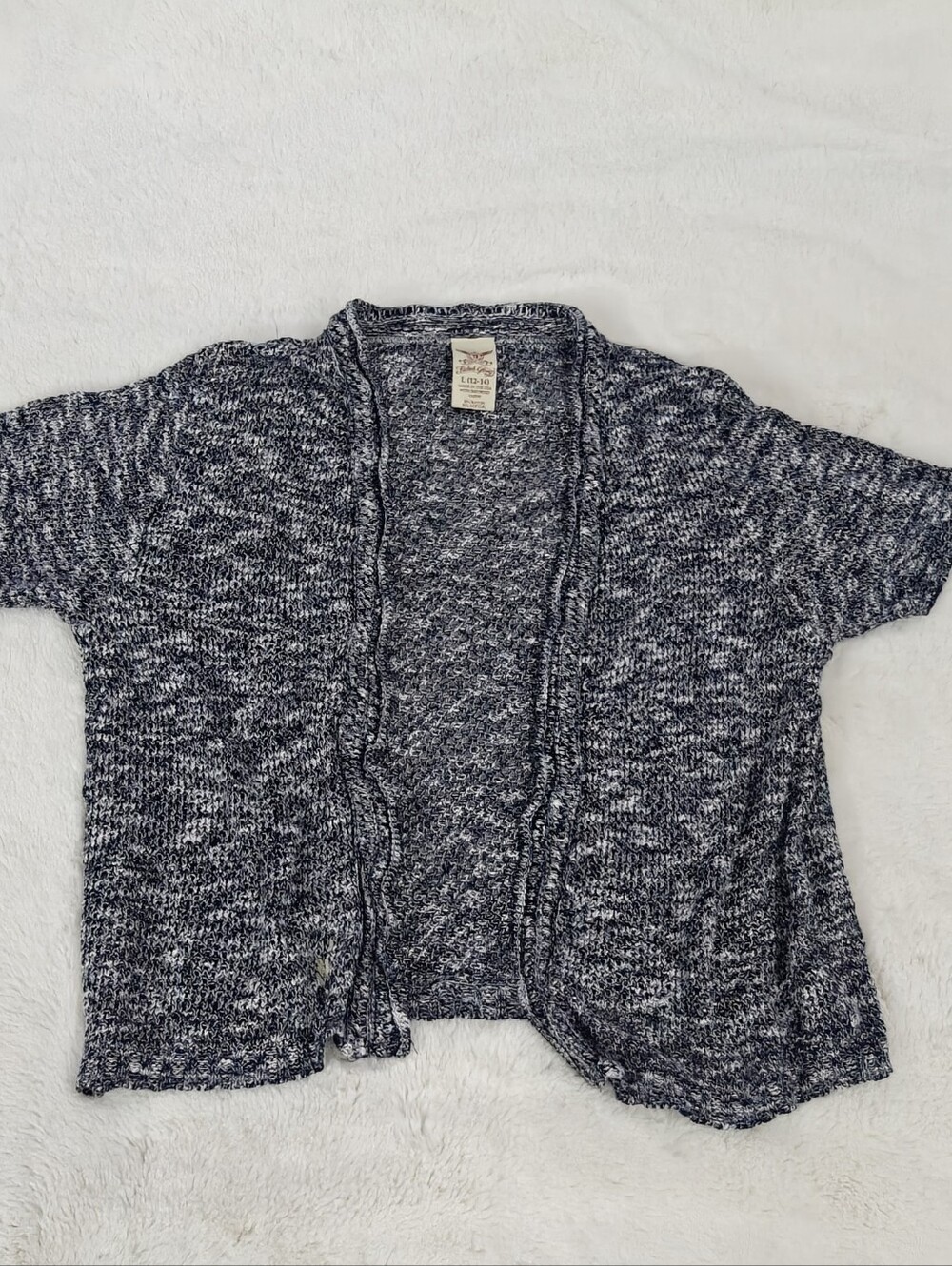 Faded Glory Marled Open-Front Short Sleeve Cardigan L(12-14) Navy and White